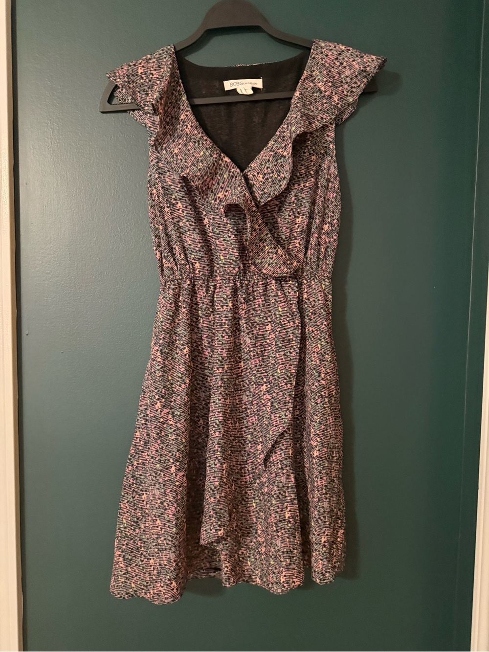 BCBGeneration Pink Floral Ruffle V-Neck Dress
